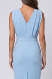 Sky Blue Ruched Bodycon Mini Work Dress with Slit