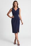Ruched Bodycon Navy V Neck Midi Work Dress with Slit