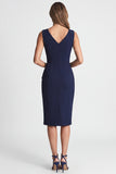 Ruched Bodycon Navy V Neck Midi Work Dress with Slit