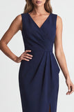 Ruched Bodycon Navy V Neck Midi Work Dress with Slit
