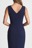 Ruched Bodycon Navy V Neck Midi Work Dress with Slit