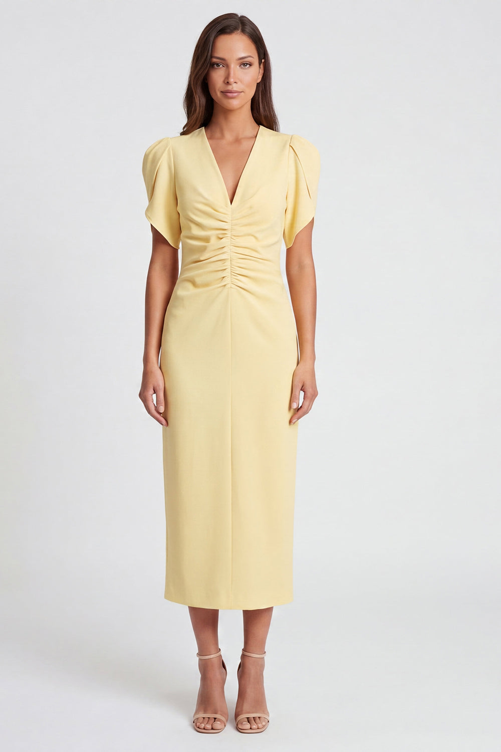 short sleeve work dresses V-Neck Short Sleeve Belted A-Line Pleated Midi Dress, Black / S