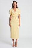 Light Yellow Ruched Bodycon Midi Work Dress with Short Sleeves