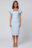 Sky Blue Floral Bodycon Square Neck Midi Work Dress with Slit
