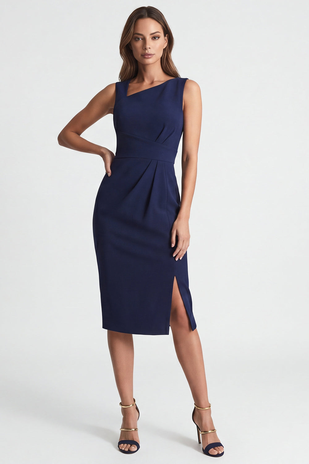 midi wear to work dresses Berylove Women Navy Work Dress Asymmetrical Neck Ruched Bodycon Midi Business Dress with Slit, Navy / US2