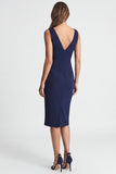Asymmetrical Neck Ruched Bodycon Navy Midi Work Dress with Slit
