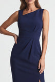 Asymmetrical Neck Ruched Bodycon Navy Midi Work Dress with Slit