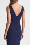 Asymmetrical Neck Ruched Bodycon Navy Midi Work Dress with Slit