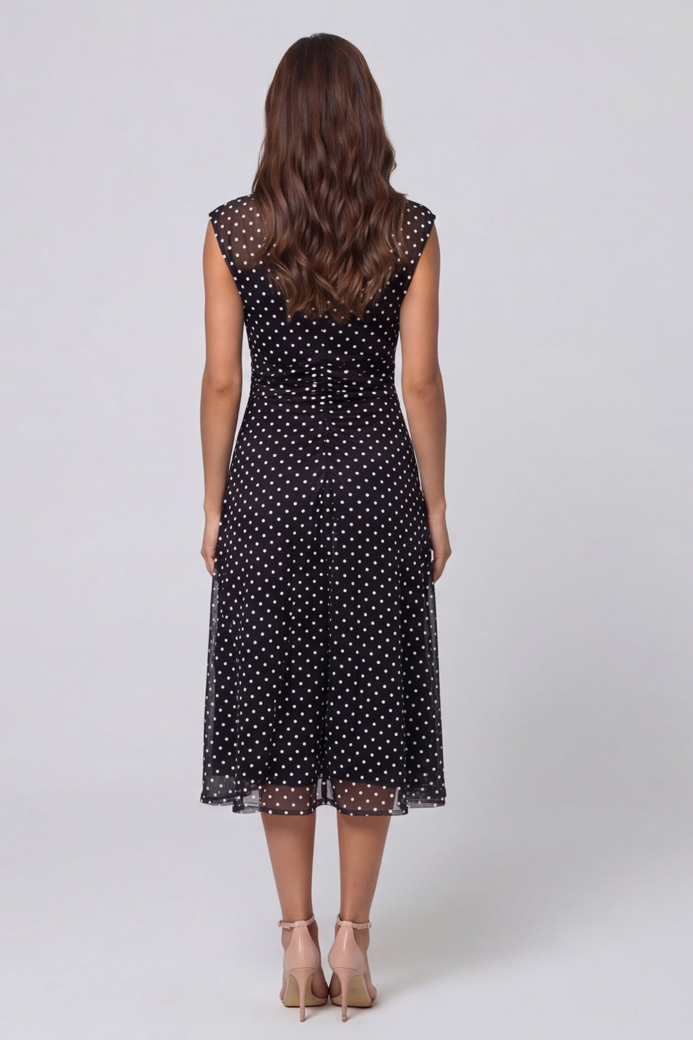 Berylove Women Black and White Work Dress Polka Dot Sleeveless A Line V Neck Midi Business Casual Dress