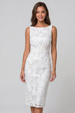 Bateau Neck Floral Ruched Ivory Bodycon Midi Work Dress