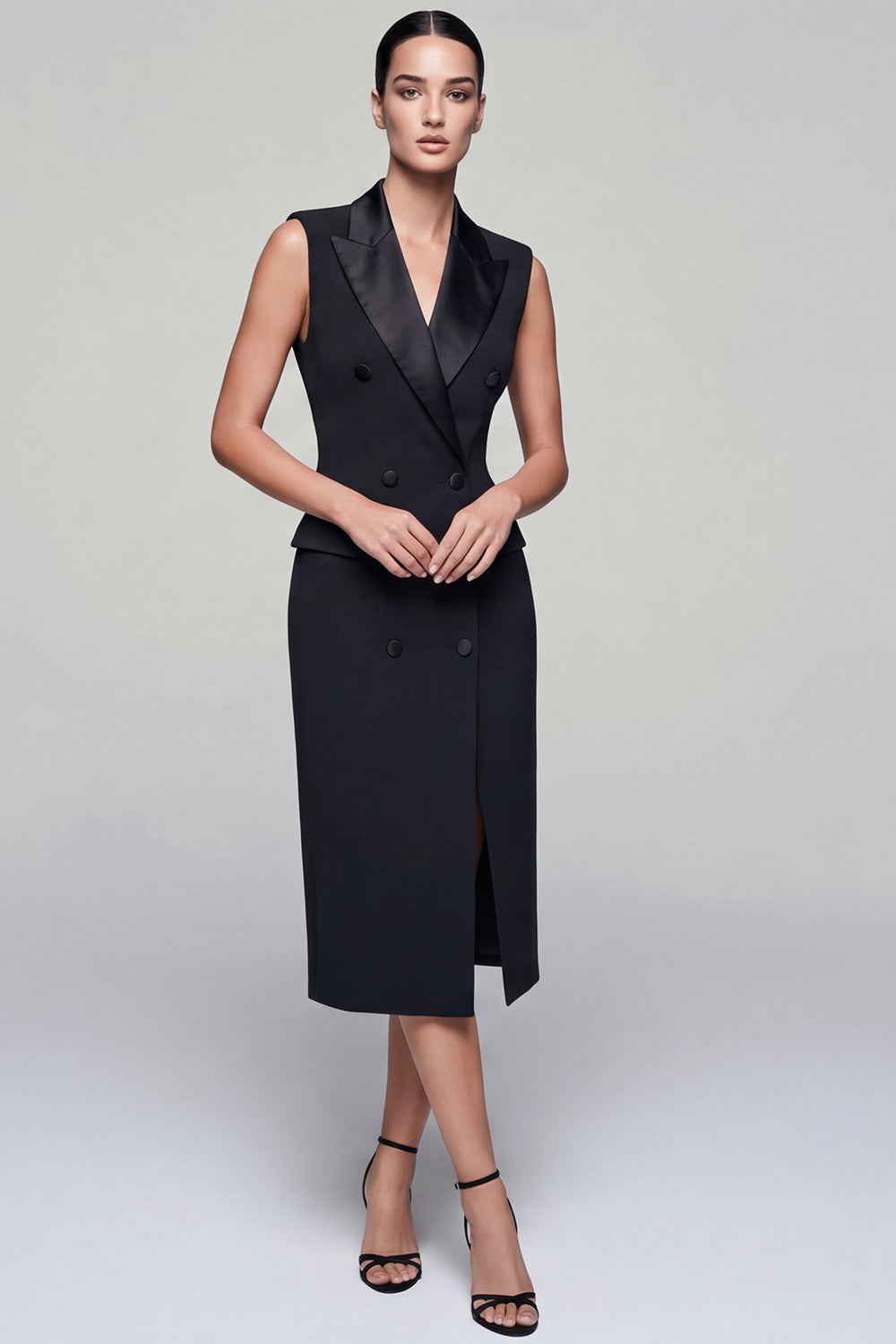 Berylove Women Peaked Lapel Work Dress Black Bodycon Midi Business Casual Dress with Slit, Black / L