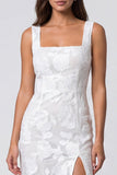 Floral Ivory Bodycon Midi Work Dress with Slit
