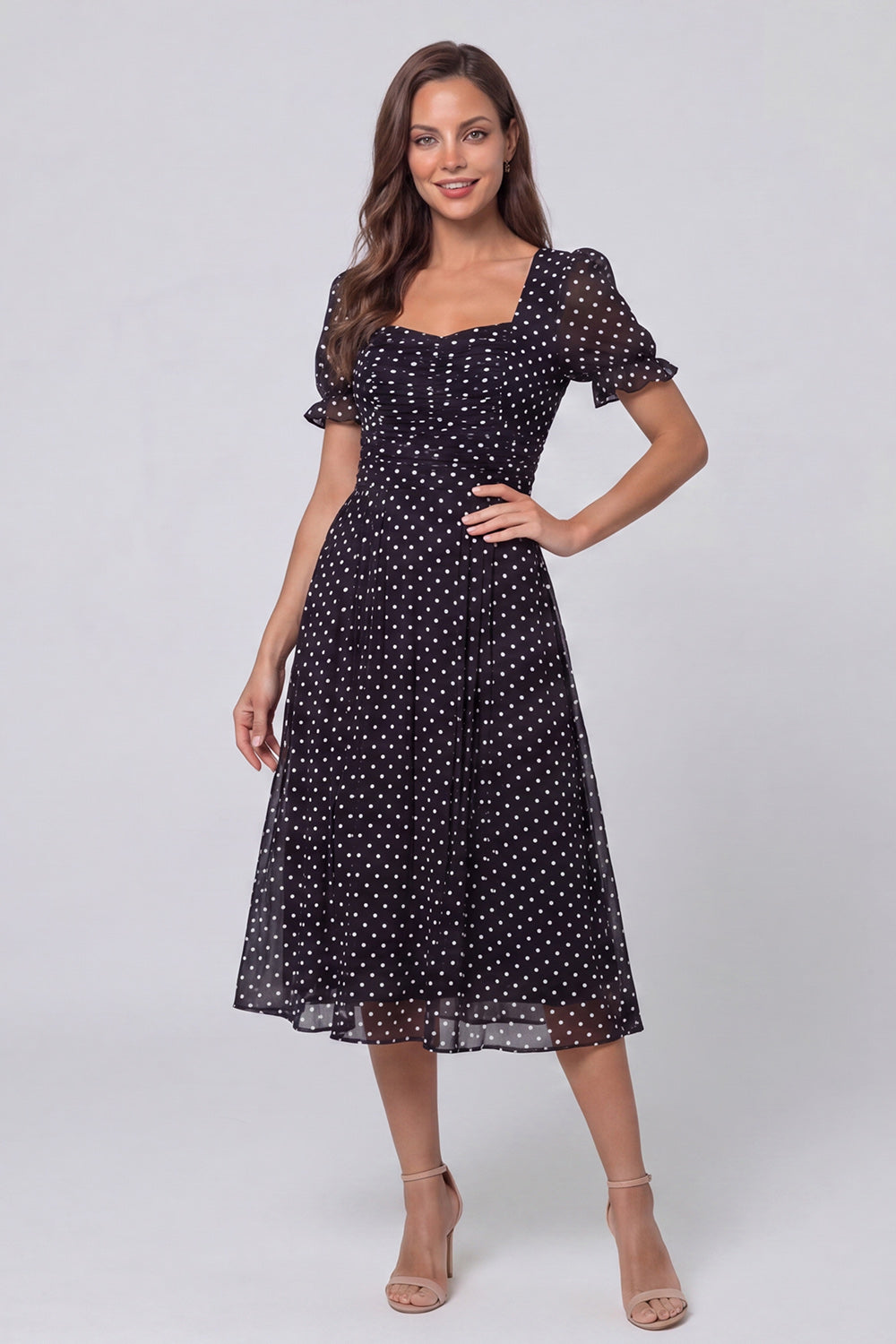 Berylove Women Polka Dot Work Dress Black and White A Line Square Neck Midi Casual Dress with Short Sleeves, Black White Dots / US14 Berylove Women Polka Dot Work Dress Black and White A Line Square Neck Midi Casual Dress with Short Sleeves, Black White Dots / US14