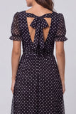 Black and White Polka Dot A Line Midi Work Dress with Short Sleeves