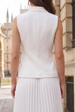 2 Piece Peaked Lapel Ivory A Line Pleated Midi Work Dress