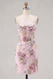 Floral Strapless Pink Sequin Corset Mini Homecoming Dress