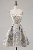 Strapless Floral Dusty Blue Corset A Line Mini Homecoming Dress