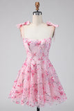 Floral Pink Sequin A Line Corset Homecoming Dress with Bows
