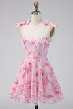 Floral Pink Sequin A Line Corset Homecoming Dress with Bows