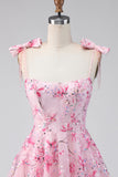 Floral Pink Sequin A Line Corset Homecoming Dress with Bows