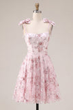 Floral Pink Sequin A Line Corset Homecoming Dress with Bows