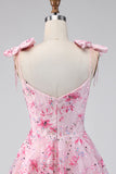 Floral Pink Sequin A Line Corset Homecoming Dress with Bows