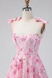 Floral Pink Sequin A Line Corset Homecoming Dress with Bows