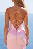 Beaded Pink Ruched Corset Satin Homecoming Dress with Slit