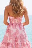 Pink Floral Strapless Corset A Line Homecoming Dress with Ruffles