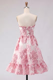Pink Floral Strapless Corset A Line Homecoming Dress with Ruffles