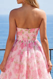 Floral Pink Strapless Corset A Line Homecoming Dress