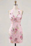 Halter Floral Pink Sequin Bodycon Mini Homecoming Dress