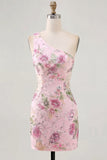One Shoulder Sequin Floral Pink Bodycon Mini Homecoming Dress