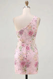 One Shoulder Sequin Floral Pink Bodycon Mini Homecoming Dress