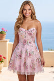 Strapless Sequin Floral Pink Corset A Line Homecoming Dress