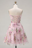 Strapless Sequin Floral Pink Corset A Line Homecoming Dress