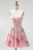 Strapless Corset Sequin Floral Pink Appliqued Homecoming Dress