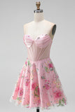 Strapless Corset Sequin Floral Pink Appliqued Homecoming Dress