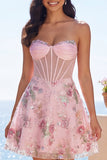 Strapless Corset Sequin Floral Pink Appliqued Homecoming Dress