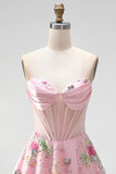 Strapless Corset Sequin Floral Pink Appliqued Homecoming Dress