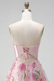 Strapless Corset Sequin Floral Pink Appliqued Homecoming Dress