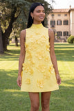 Floral Blue High Neck A-Line Homecoming Dress