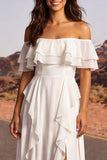 Off the Shoulder Ivory A Line Ruffled Boho Wedding Dress with Slit