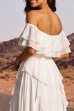 Off the Shoulder Ivory A Line Ruffled Boho Wedding Dress with Slit
