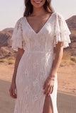 Ivory Mermaid Lace V Neck Boho Wedding Dress with Flutter Sleeves