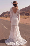 Long Sleeve Ivory Mermaid Lace Maxi Boho Wedding Dress