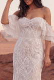 Ivory Off the Shoulder Mermaid Lace Ruffled Boho Wedding Dress