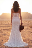 Ivory Strapless Mermaid Lace Corset Boho Wedding Dress with Slit