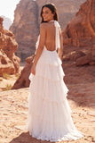 3D Flower Halter Ruffled Ivory Tiered Boho Wedding Dress