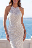 Sparkly Mermaid Halter Ruched Ivory Wedding Dress